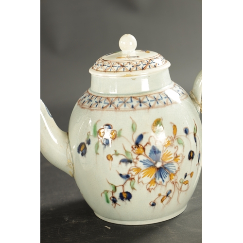 348 - THREE LATE 18TH CENTURY ENGLISH PORCELAIN TEAPOTS comprising a Prattware teapot decorated with flowe... 