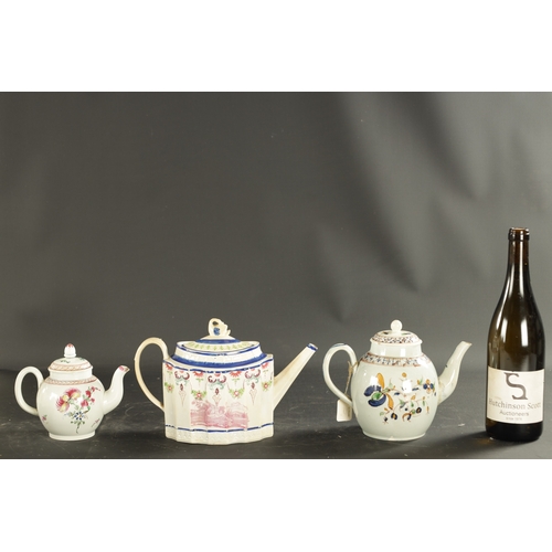 348 - THREE LATE 18TH CENTURY ENGLISH PORCELAIN TEAPOTS comprising a Prattware teapot decorated with flowe... 