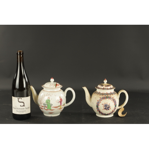 350 - TWO LATE 18TH CENTURY LIVERPOOL PORCELAIN TEAPOTS one painted with Chinese figures, the other printe... 