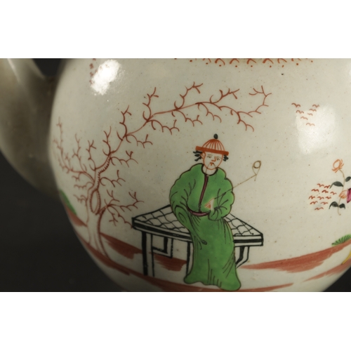 350 - TWO LATE 18TH CENTURY LIVERPOOL PORCELAIN TEAPOTS one painted with Chinese figures, the other printe... 