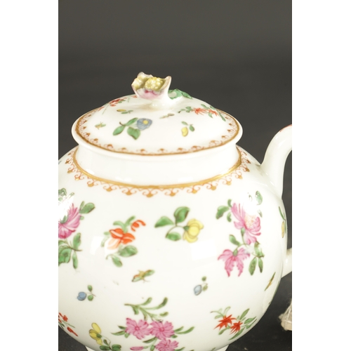 354 - TWO LATE 18TH CENTURY WORCESTER TEAPOTS, decorated with flowers, one of barrel form. (13cm high)