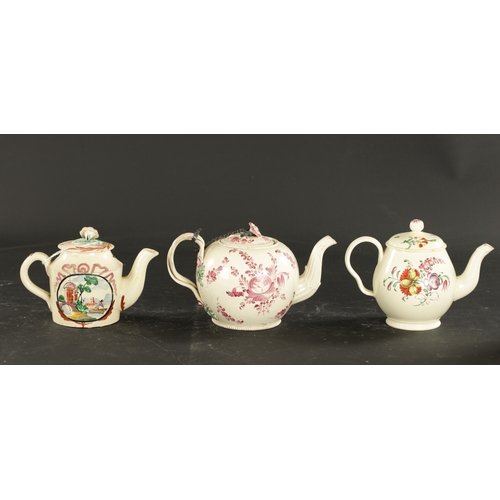 357 - THREE LATE 18TH CENTURY LEEDS CREAMWARE TEAPOTS (12cm high and smaller)