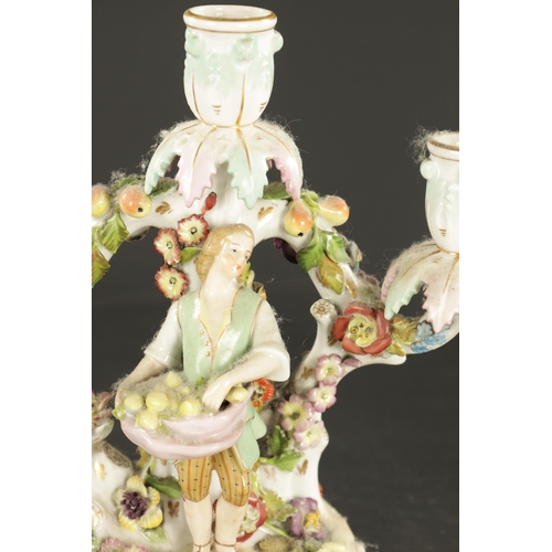 364 - A PAIR OF LATE 19TH CENTURY DRESDEN CANDELABRA of a harvesting couple (24cm high)