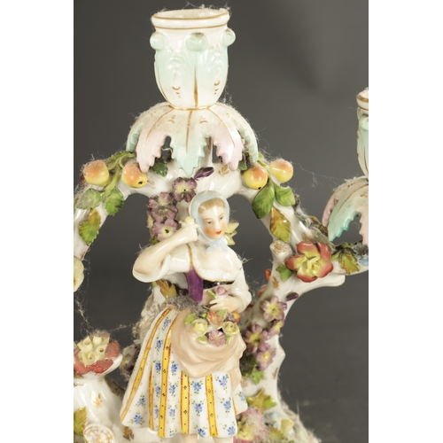 364 - A PAIR OF LATE 19TH CENTURY DRESDEN CANDELABRA of a harvesting couple (24cm high)