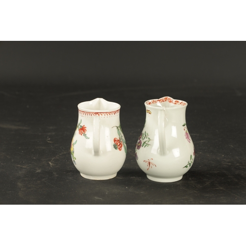 366 - TWO BOW PORCELAIN SPARROW BEAK JUGS CIRCA 1760 painted with flowers (8cm high)