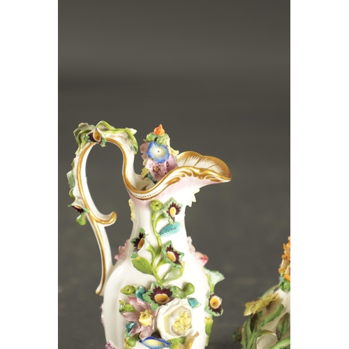 367 - THREE MID 19TH CENTURY MINTON PORCELAIN FLORAL ENCRUSTED SCENT BOTTLES (13cm high)