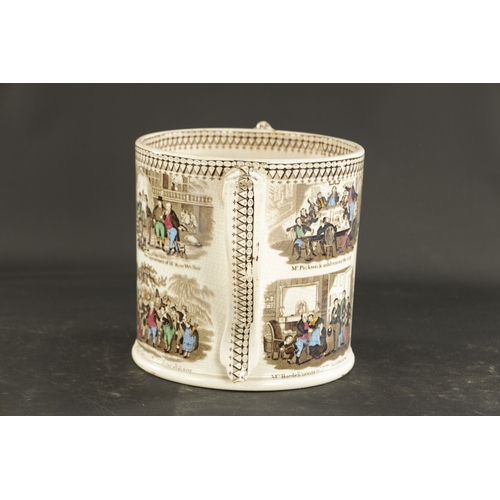 369 - A LARGE NORTH EAST POTTERIES LOVING CUP PRINTED AND PAINTED WITH DICKENSIAN CHARACTERS (20cm high 32... 