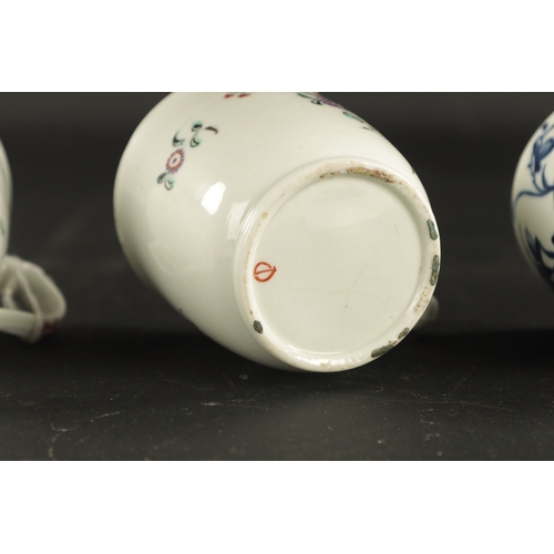 37 - THREE WORCESTER COFFEE CUPS WITH VARIOUS PRINTED DECORATION CIRCA 1765 together with THREE NEW HALL ... 