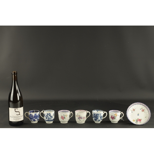 37 - THREE WORCESTER COFFEE CUPS WITH VARIOUS PRINTED DECORATION CIRCA 1765 together with THREE NEW HALL ... 