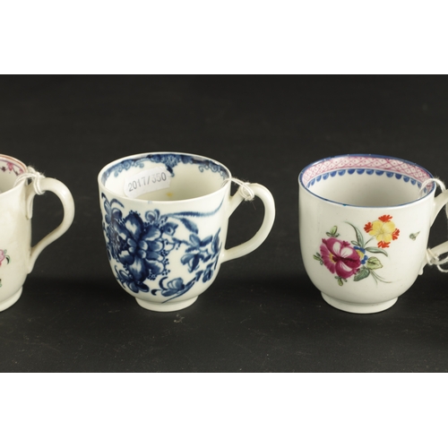 37 - THREE WORCESTER COFFEE CUPS WITH VARIOUS PRINTED DECORATION CIRCA 1765 together with THREE NEW HALL ... 