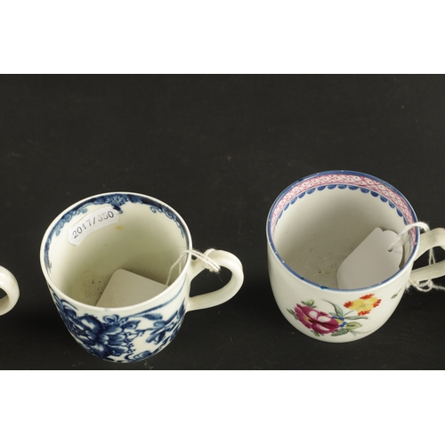 37 - THREE WORCESTER COFFEE CUPS WITH VARIOUS PRINTED DECORATION CIRCA 1765 together with THREE NEW HALL ... 