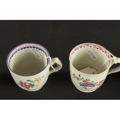 37 - THREE WORCESTER COFFEE CUPS WITH VARIOUS PRINTED DECORATION CIRCA 1765 together with THREE NEW HALL ... 