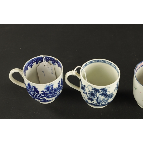 37 - THREE WORCESTER COFFEE CUPS WITH VARIOUS PRINTED DECORATION CIRCA 1765 together with THREE NEW HALL ... 