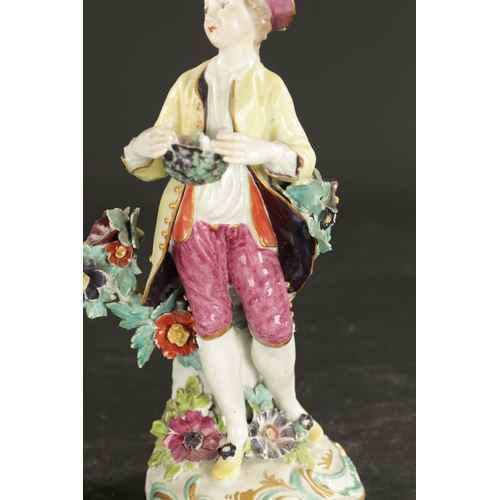 371 - A PAIR OF MID 18TH CENTURY DERBY PORCELAIN FIGURES modelled as a man and woman with birds and cage. ... 