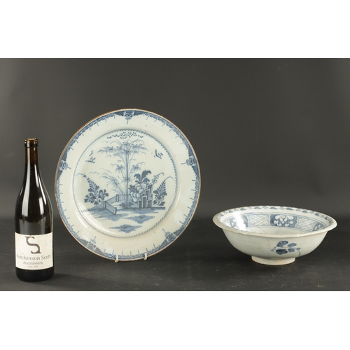 374 - A MID 18TH CENTURY LIVERPOOL DELFT CHARGER AND A BOWL (34cm diameter and smaller)