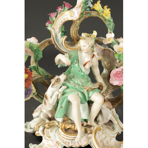 376 - A 19TH CENTURY MEISSEN THREE BRANCH FIGURAL CANDELABRA (30cm high)