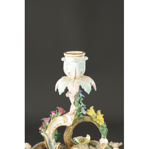 376 - A 19TH CENTURY MEISSEN THREE BRANCH FIGURAL CANDELABRA (30cm high)