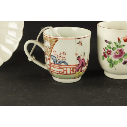 38 - A WORCESTER FLUTED COFFEE CUP AND SAUCER PAINTED WITH FLOWERS WITH TWO OTHERS, ONE WITH CHINESE FIGU... 