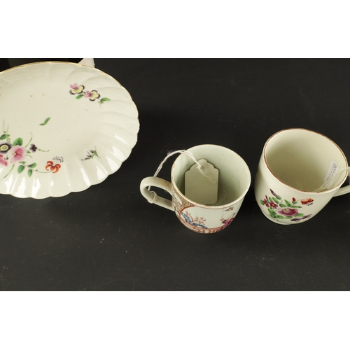 38 - A WORCESTER FLUTED COFFEE CUP AND SAUCER PAINTED WITH FLOWERS WITH TWO OTHERS, ONE WITH CHINESE FIGU... 