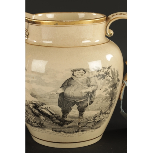 392 - A STAFFORDSHIRE JUG PRINTED WITH SHAKSPEARIAN SCENES CIRCA 1840, A WEDGEWOOD PEARLWARE JUG PAINTED W... 