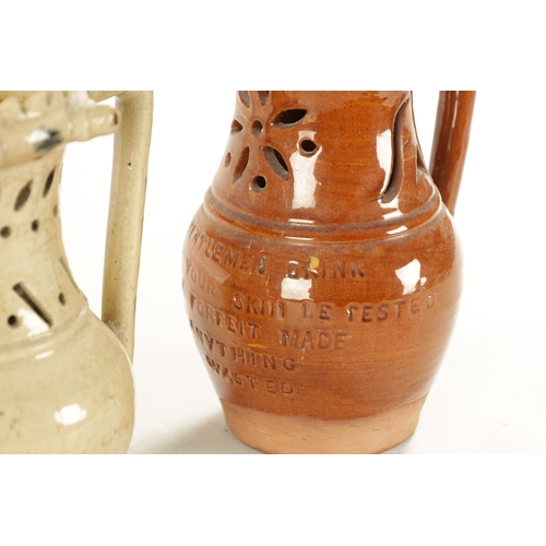 394 - TWO LATE 19TH CENTURY STONEWARE PUZZLE JUGS along with Lostweithel puzzle jug (22cm high and smaller... 