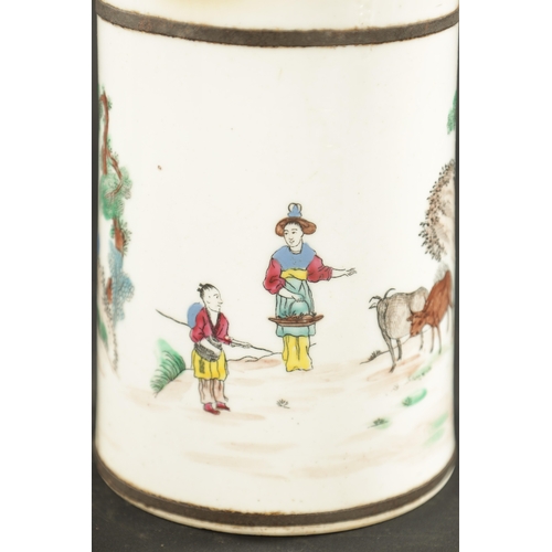 404 - A VERY RARE MID 18TH CENTURY BOW MUG printed and painted with Chinese figures and buffalo (15cm high... 