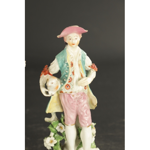 407 - A LATE 18TH CENTURY DERBY PORCELAIN FIGURE OF A FARMER WITH A LAMB TOGETHER WITH A SIMILAR FIGURE WI... 