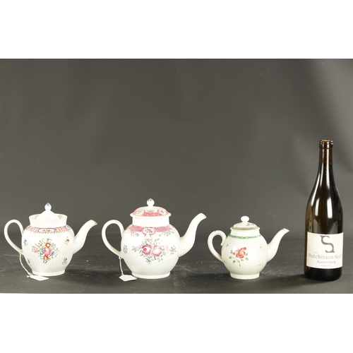 408 - THREE LATE 18TH CENTURY ENGLISH PEARLWARE TEAPOTS (17cm high and smaller)