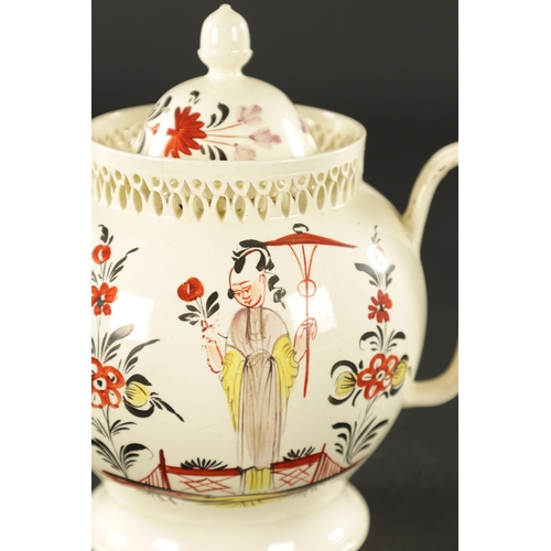 41 - AN 18TH CENTURY LEEDS CREAMWARE TEAPOT enamelled at the David Rhodes workshop with Chinese figures i... 