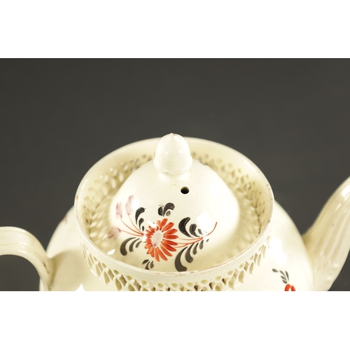 41 - AN 18TH CENTURY LEEDS CREAMWARE TEAPOT enamelled at the David Rhodes workshop with Chinese figures i... 