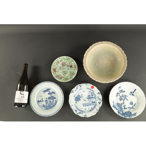 411 - A NANKING CARGO CHINESE PORCELAIN DISH painted in blue with a river landscape along with A SOWANKALO... 