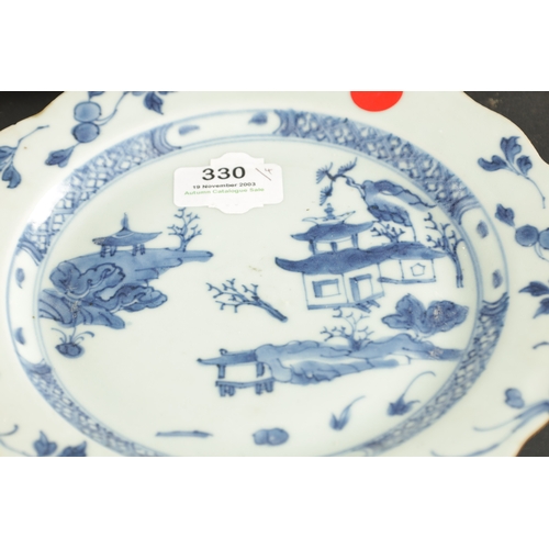 411 - A NANKING CARGO CHINESE PORCELAIN DISH painted in blue with a river landscape along with A SOWANKALO... 