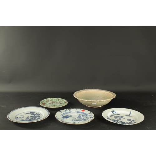 411 - A NANKING CARGO CHINESE PORCELAIN DISH painted in blue with a river landscape along with A SOWANKALO... 