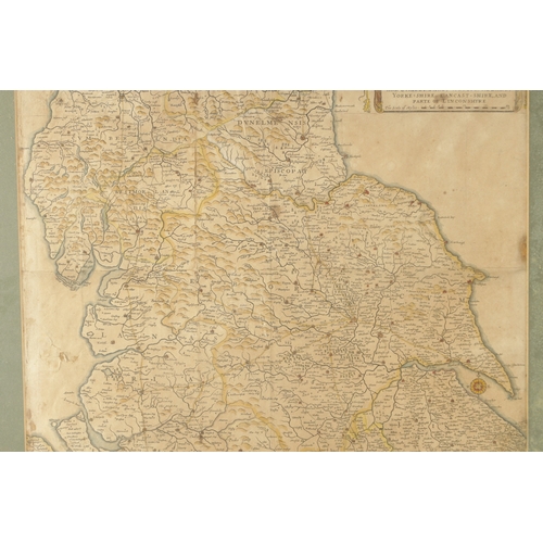 414 - AN EARLY COLOURED MAP OF NORTHERN ENGLAND TOGETHER WITH A HENRY HONDIUS AMSTERDAM COLOURED MAP OF TH... 