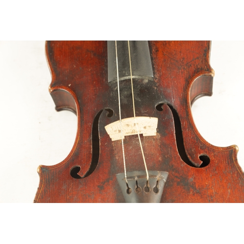 423 - AN ANTIQUE VIOLIN with one piece back in wooden case with bow, length of back 358mm (59.5cm overall ... 