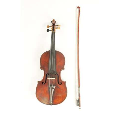 423 - AN ANTIQUE VIOLIN with one piece back in wooden case with bow, length of back 358mm (59.5cm overall ... 