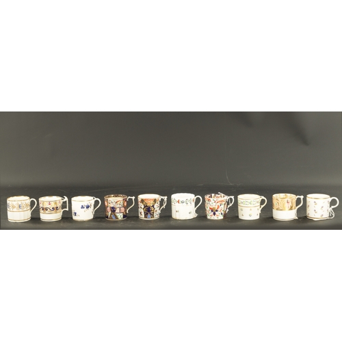 43 - THREE DERBY COFFEE CANS IN IMARI DECORATION CIRCA 1810 AND SEVEN OTHERS (6cm high)