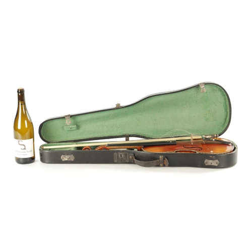 441 - A 19TH CENTURY VIOLIN AND BOW the back inlaid with mother of pearl and abalone shell, the old label ... 