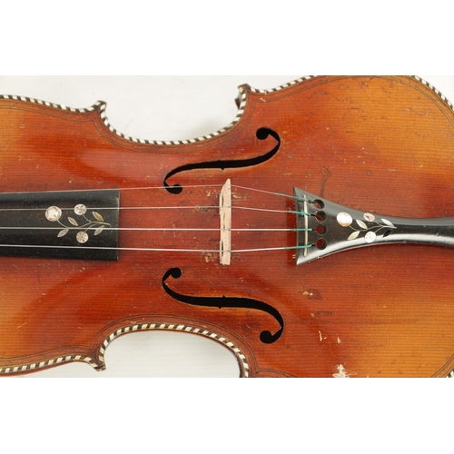 441 - A 19TH CENTURY VIOLIN AND BOW the back inlaid with mother of pearl and abalone shell, the old label ... 