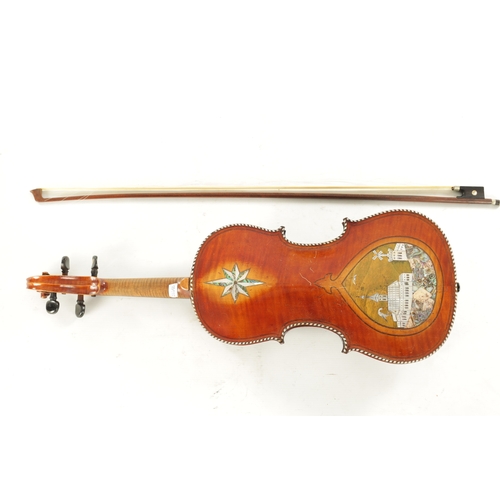 441 - A 19TH CENTURY VIOLIN AND BOW the back inlaid with mother of pearl and abalone shell, the old label ... 