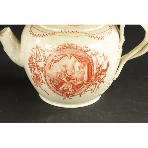 46 - A LATE 18TH CENTURY LEEDS CREAMWARE TEAPOT printed in iron red, TOGETHER WITH A PLATE decorated with... 