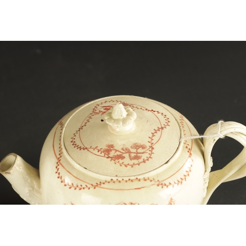 46 - A LATE 18TH CENTURY LEEDS CREAMWARE TEAPOT printed in iron red, TOGETHER WITH A PLATE decorated with... 