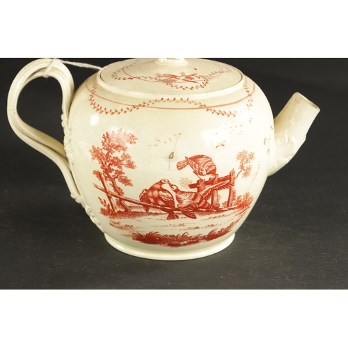 46 - A LATE 18TH CENTURY LEEDS CREAMWARE TEAPOT printed in iron red, TOGETHER WITH A PLATE decorated with... 