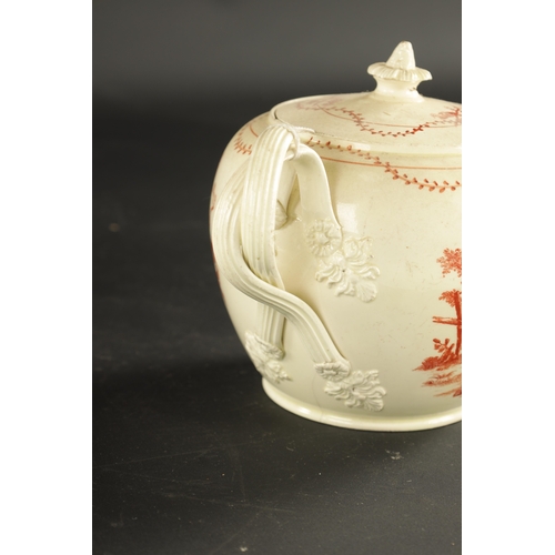 46 - A LATE 18TH CENTURY LEEDS CREAMWARE TEAPOT printed in iron red, TOGETHER WITH A PLATE decorated with... 