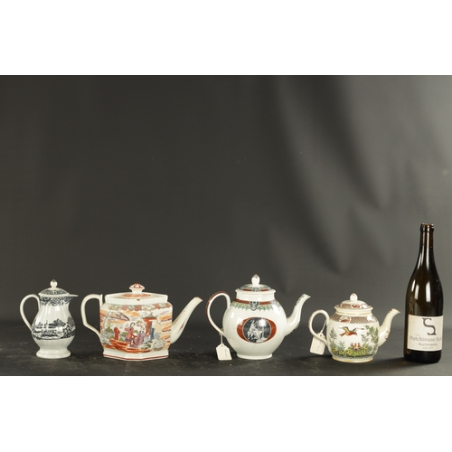 49 - THREE STAFFORDSHIRE TRANSFER PRINTED PEARLWARE TEAPOTS AND A PEARLWARE JUG AND COVER (18cm high and ... 