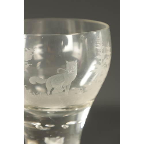 5 - A RARE PAIR OF OVERSIZED EARLY 18TH CENTURY AIR TWIST AND ETCHED WINE GLASSES depicting a hunting do... 