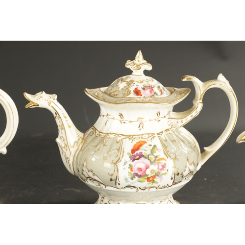 51 - A COLLECTION OF FOUR MID 19TH CENTURY ENGLISH PORCELAIN TEAPOTS comprising three hand painted with f... 