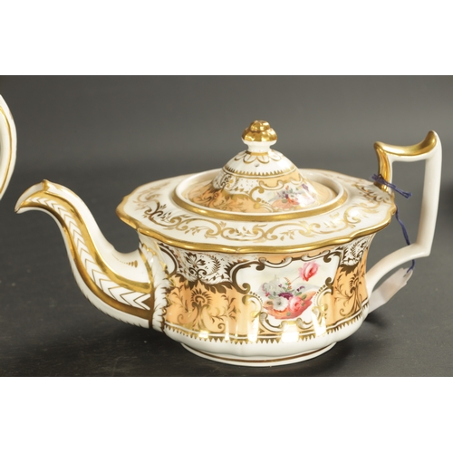 51 - A COLLECTION OF FOUR MID 19TH CENTURY ENGLISH PORCELAIN TEAPOTS comprising three hand painted with f... 