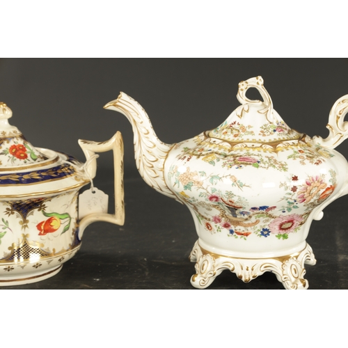 51 - A COLLECTION OF FOUR MID 19TH CENTURY ENGLISH PORCELAIN TEAPOTS comprising three hand painted with f... 