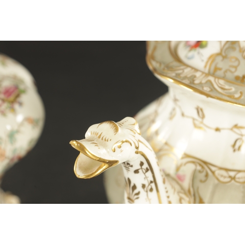 51 - A COLLECTION OF FOUR MID 19TH CENTURY ENGLISH PORCELAIN TEAPOTS comprising three hand painted with f... 